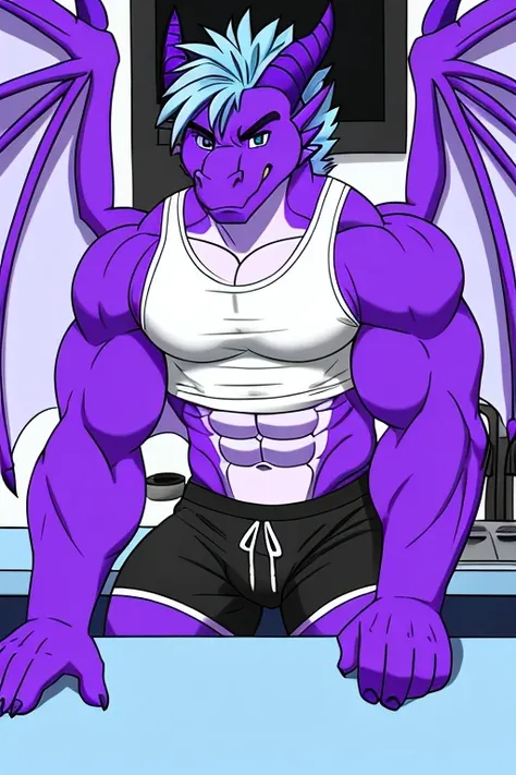 (((ass in viewers face)))), rampage, huge , purple dragon with wings and a very tan chest and has light blue hair on his head)), wearing black shorts and white t-shirt  abs ,anthro ,belly ,big muscles,bent over, leaning over a counter, (locks like a femboy...