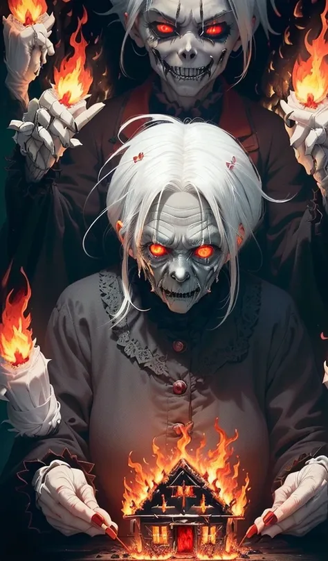 (Anime style:1.5), (highly detailed), (1 sinister and creepy old woman with white hair and red eyes, burning in flames:1.7), (vibrant flames defeating the evil force:1.7), (dark and twisted interior of the candy house), (ominous atmosphere with fire lighti...