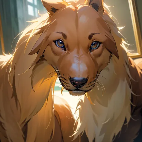 A highly detailed and photorealistic anthropomorphic furry golden retriever dog, beautiful detailed eyes, beautiful detailed nose and mouth, extremely detailed fur, standing up in a indoor environment, (best quality,4k,8k,highres,masterpiece:1.2),ultra-det...