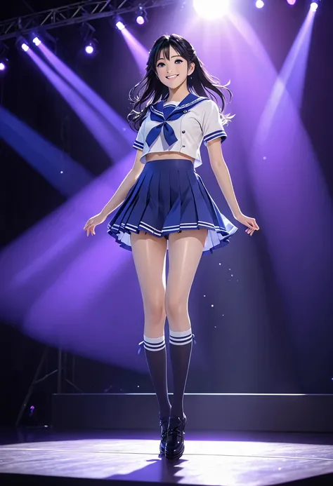 Idol Stage, Idol Dress, beautiful, Very detailed, masterpiece, Highest quality, Tyndall effect, light, Stage lighting, Long black hair high school girl,Purple eyes,Sailor suit, smile, Knee socks, on stage, look up, Light Scattering, Volumetric lighting, Sp...