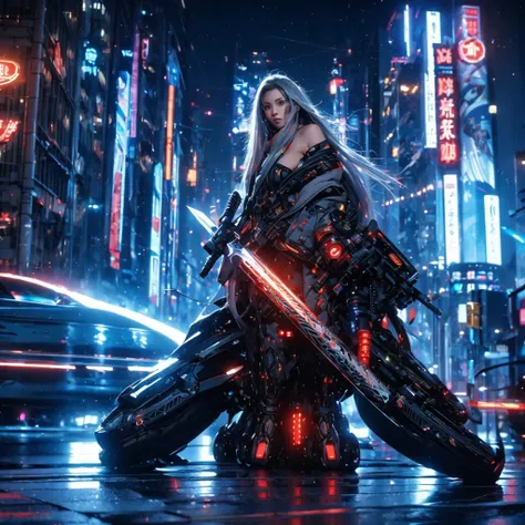 extremely detailed, intricate, cyberpunk style, cinematic composition, vivid colors, vibrant colors, futuristic, antagonist girl, long shiny silver hair, holding an ethereal samurai, best quality, sharp focus, Ultra HD, 4k, 8k, concept art, masterpiece