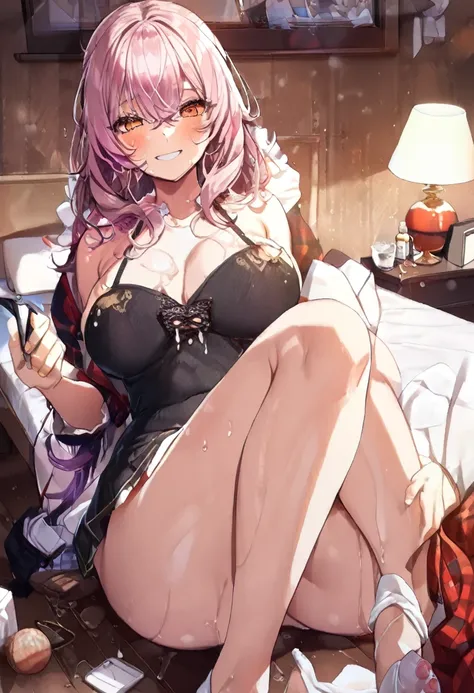 nsfw,hyperrealistic anime,curvy gyaru sitting,tanned gyaru,at home,black hair,blushed smile,(milk dripping from nipples:1.2),nipple-baring,breast grab,look at viewer,upper body,earring,make up,blouse,from below,underboobs,drinking milk