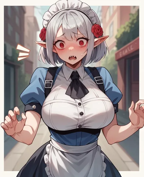 ((perfect human body)),one girl, red eyes, wavy silver hair, pointed ears, vampire, drooping eyes,police uniform,blush,surprise ...