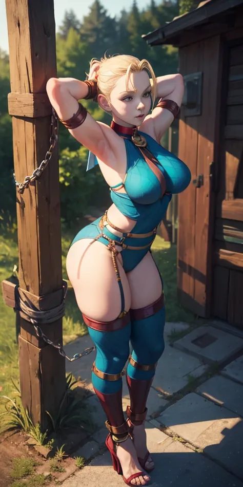 (masterpiece, best quality), intricate details, 1sologirl Cammy White from Street Fighter (standing full body toe to head by wooden pole:1.2) iron collar, arms behind back, iron cuffs, shackles, bound, bondage outfit, harness, o-ring, bondage outfit blindf...