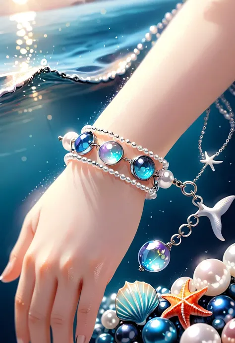 A shiny silver bracelet, on the wrist, (marine-themed charms:1.2), pearls, transparent colorful beads, delicate thin chain, (best quality, 4k, 8k, highres, masterpiece:1.2), ultra-detailed, (realistic, photorealistic, photo-realistic:1.37), intricate jewel...