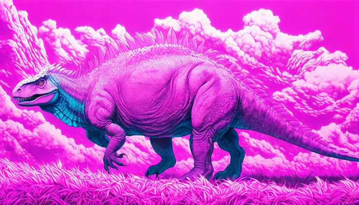 Pink Dinosaur, Surrealism, hyperRealistic, detailed fur texture, Realistic anatomy, Dynamic pose, Dreamy Background, Vibrant colors, Dramatic lighting, Mysterious atmosphere, (Highest quality,8K,High resolution,masterpiece:1.2),Super detailed,(Realistic,ph...