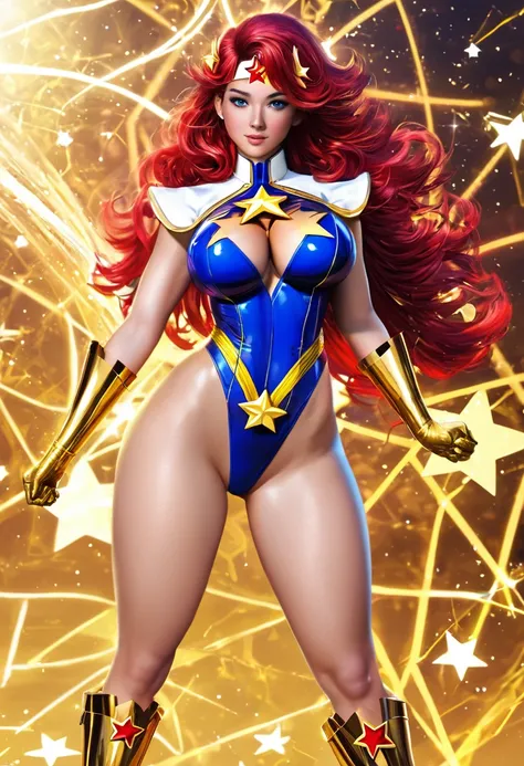 masterpiece,Sexy, Superheroine, Red hair, long hair, busty, ((blue highleg leotard with a t-back thong and a gold star insignia on chest)), gold boots, gold gloves, curvy, ((cleavage cutout))