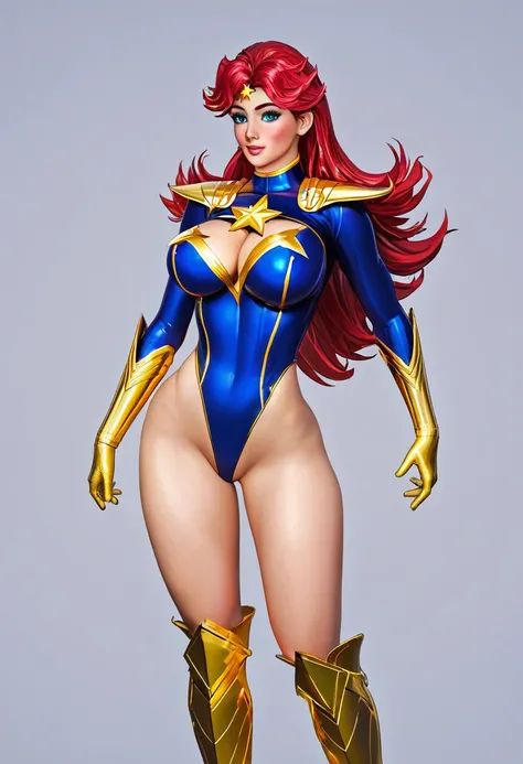 masterpiece,Sexy, Superheroine, Red hair, long hair, busty, ((blue highleg leotard with a t-back thong and a gold star insignia on chest)), gold boots, gold gloves, curvy, ((cleavage cutout))