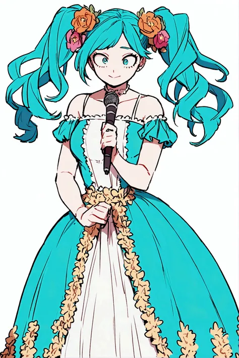 My hero academia, girl with cyan hair in pigtails, cyan eyes, wears a dress, a singer