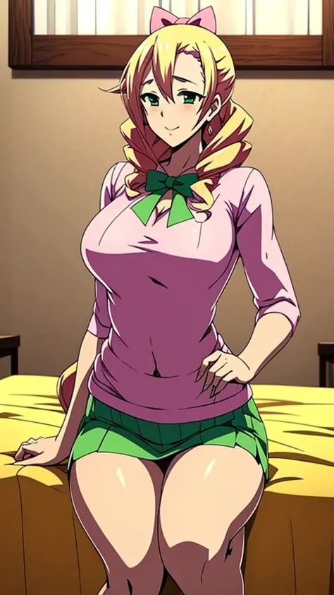 In anime A  demon girl Sexy young beautiful attractive beautiful popular yellow hair long curly menchon forehead pink bow her green eye dresses white blouse tied knot put on green bow chest shows navel curve wide sexy and her green skirt short black heel 