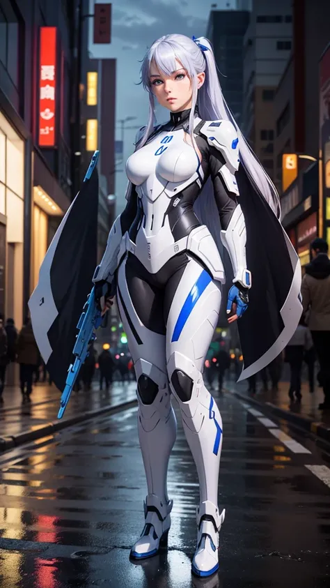 Creates a 3D rendered anime cartoon style image of a beautiful traditional soldier armed with futuristic weapons with blue eyes, white-violet hair, black suit, gray and white suit must have all the trappings of a soldier suit central street setting in toky...