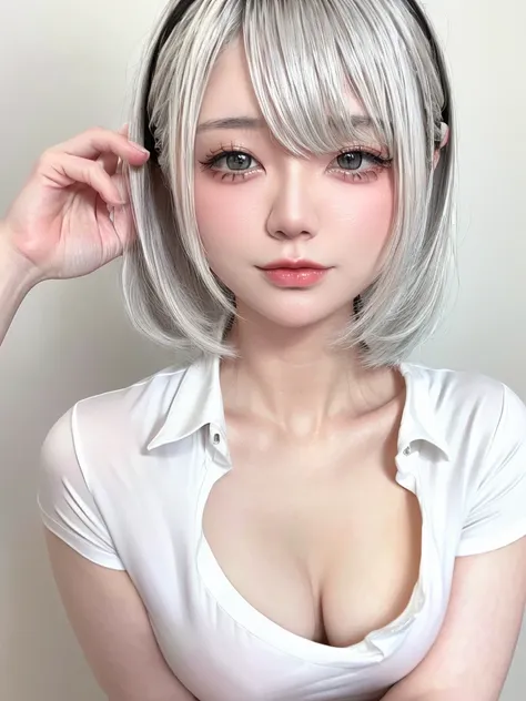 (((amount、white 、Asian woman、beautiful girl、、Silver Hair、white Background、)))、Tabletop, Highest quality, shape, Very detailed, finely, High resolution, 8k wallpaper, Perfect dynamic composition, finelyて美しい目, Deco Out, ((Medium hair 1.5)),((( Small breasts ...