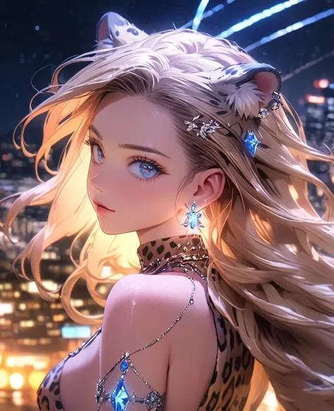 8K,gal，Beautiful and realistic skin,Shiny jewel-like earrings,glowing tattoo,Long colerful hair,blue eyes,Night view,Sparkling landscape,whole body,Leopard print clothes