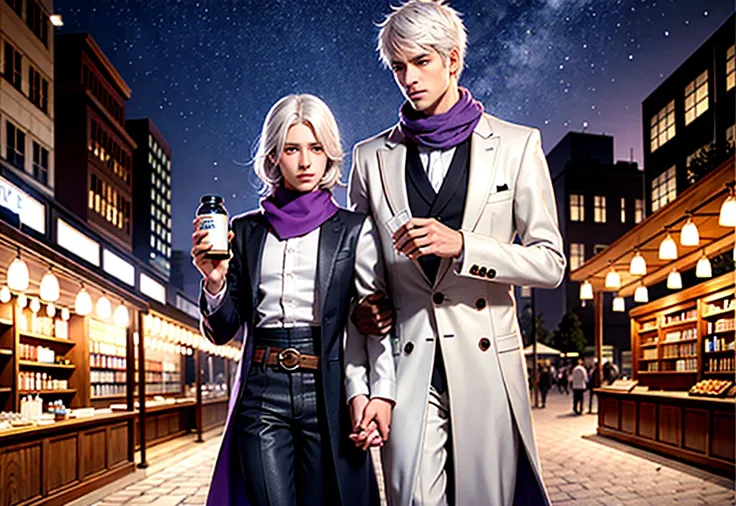 1 male, white hair, handsome, purple eyes, hand holding a scientific flask, moderate breath ,scarf, market background, medicine ...