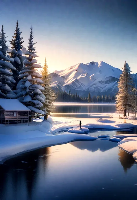 (best quality,4K,8K,high resolution,masterpiece:1.2),Extremely detailed,(Practical,Reality,Photo-realistic:1.37),Winter theme,landscape,Refreshing and cool color,Soft and warm lighting,Icy atmosphere,Golden Sunshine,Icy reflections,snow capped mountains,Sp...