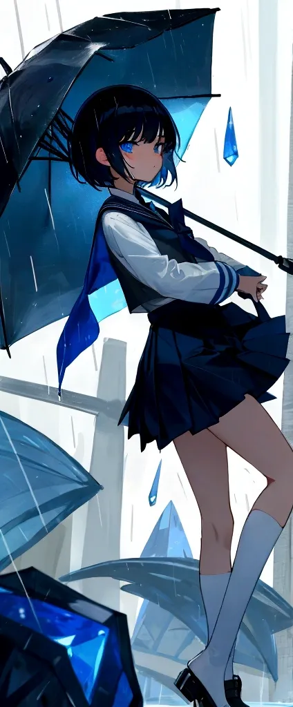 Kizi, short black hair, skin fair, blue eyes like sapphire, schoolar uniform, in the rain.