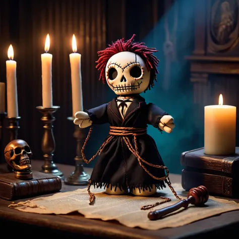 (knitted toy voodoo doll:1.7), (Voodoo Phantom Judge:1.5), (Clothing: tattered judges robe with spectral chains:1.0), (Accessories: glowing gavel, magical scale, enchanted blindfold:1.2), (Background: eerie courtroom with shadowy figures, flickering candle...