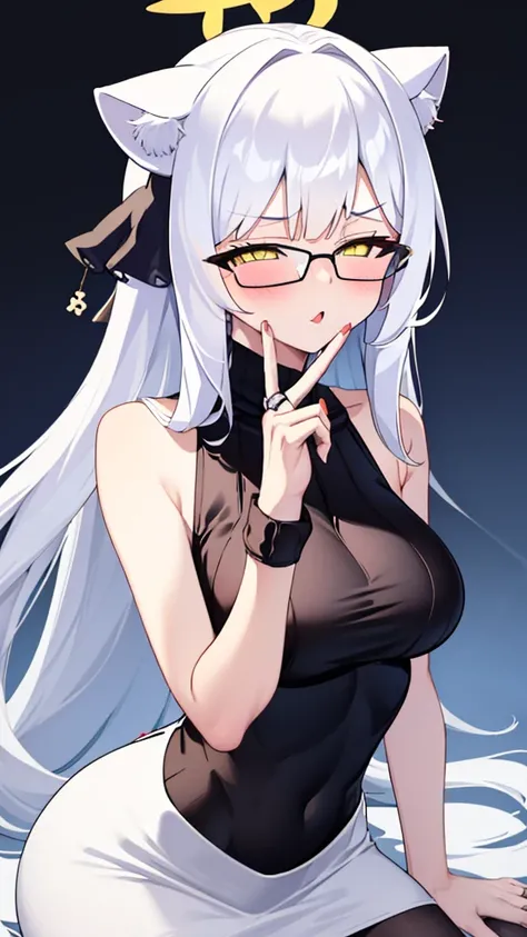 An 18 year old female angel with long, white hair, yellow eyes, white cat ears, and large white angel wings. yellow halo ring round white glasses (Black halter turtleneck, purekiller sleeveless sweater, backless sexy white dress.) white arm warmers finger ...