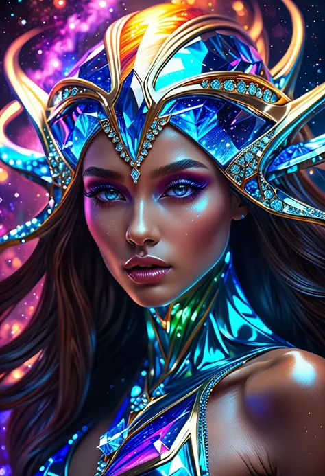 An alien girl whose body is made of minerals, diamond, Topaz, (best quality, highres, ultra-detailed), portraits, vivid colors, studio lighting, realistic, long hair flowing in the wind, sparkling eyes, otherworldly beauty, surreal atmosphere