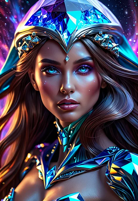 An alien girl whose body is made of minerals, diamond, Topaz, (best quality, highres, ultra-detailed), portraits, vivid colors, studio lighting, realistic, long hair flowing in the wind, sparkling eyes, otherworldly beauty, surreal atmosphere