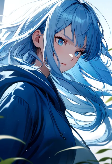 gadis, light blue hair, shoulder length hair, wearing a blue hoodie, light blue eyes, 