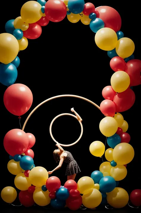 a fair stand with a ring of balloons above and a black background