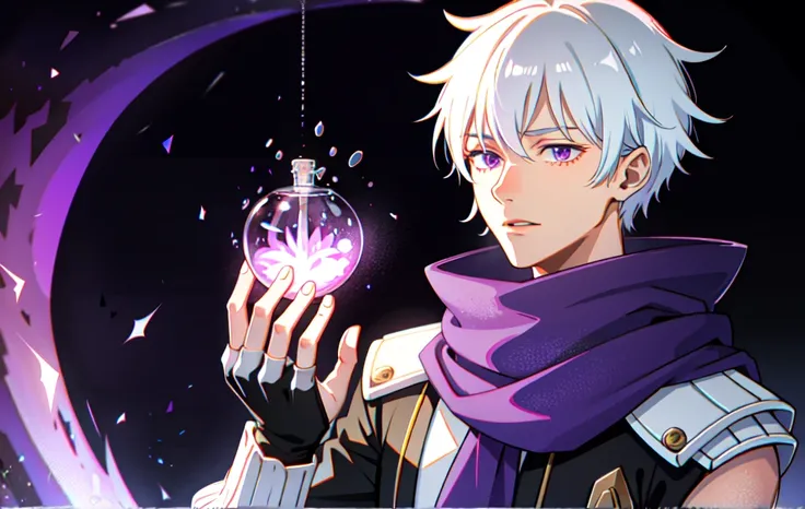 1 male, white hair, handsome, purple eyes, hand holding a scientific flask, moderate breath ,scarf, science laboratory backgroun...