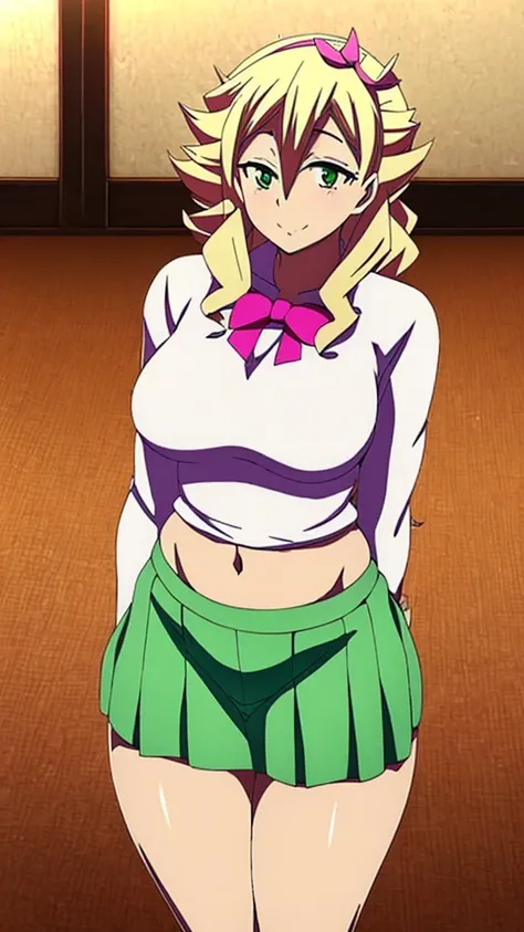 In anime A  demon girl Sexy young beautiful attractive beautiful popular yellow hair long curly menchon forehead pink bow her green eye dresses white blouse tied knot put on green bow chest shows navel curve wide sexy and her green skirt short black heel 