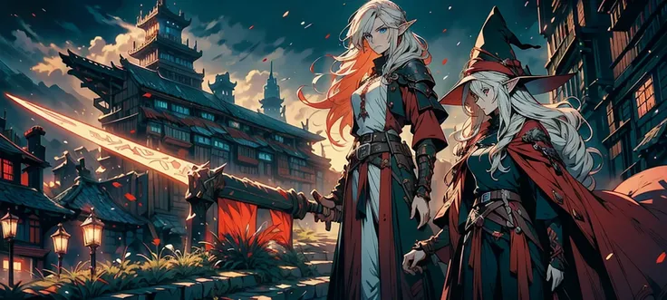 Young 20s handsome elf ,man, long red and white hair, wearing black wizard outfit, with serious face, blue eyes, character, anime, RPG, hand-drawn, high details, medieval city background