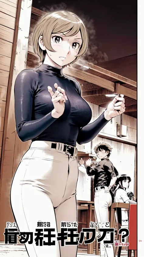 (野球uniform:1.2),
Blonde Hair, (short hair:1.2),Long sleeve, Black Shirt, turtleneck,White trousers、uniform、Black belt、((Illustration of people))、Big Boobs、
View Audience,, (Highest quality:1.3),One Girl, White pants、uniform、Outdoor、baseball ground、ground、s...