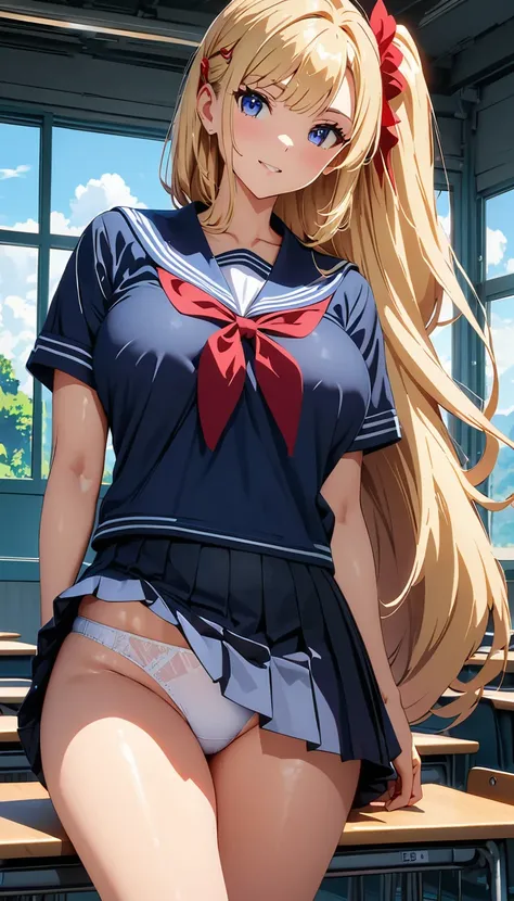 (Anime works, Anime Style, Studio Anime, Very detailed, Latest, Vibrant, Anime Coloring, High Contrast, masterpiece:1.2, Highest quality, Best aesthetics), A woman wearing a sailor suit, Pleated skirt,Skirt flip、 Big Breasts, hair accessory, Thighs glimpse...