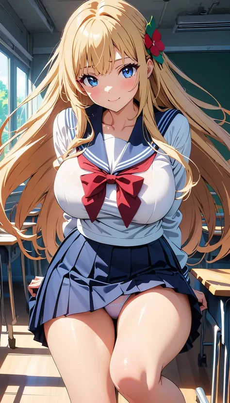 (Anime works, Anime Style, Studio Anime, Very detailed, Latest, Vibrant, Anime Coloring, High Contrast, masterpiece:1.2, Highest quality, Best aesthetics), A woman wearing a sailor suit, Pleated skirt,Skirt flip、 Big Breasts, hair accessory, Thighs glimpse...