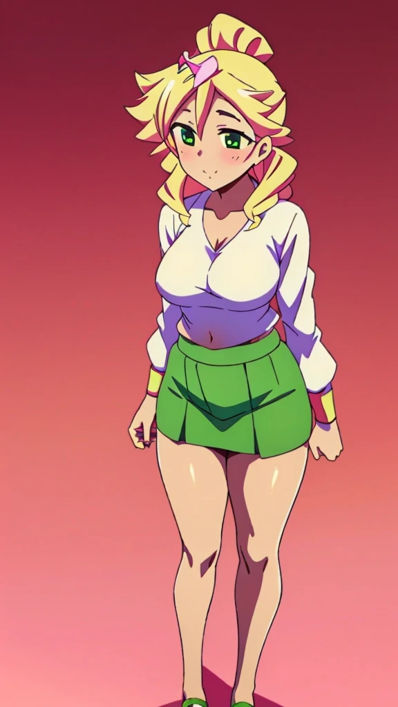 In anime A  demon girl Sexy young beautiful attractive beautiful popular yellow hair long curly menchon forehead pink bow her green eye dresses white blouse tied knot put on green bow chest shows navel curve wide sexy and her green skirt short black heel 