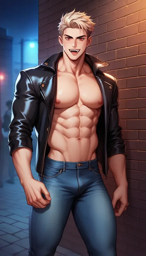 Best quality, masterpiece, intricate details, muscular male vampire, vampire teeth, extremely pale skin, red eyes, seductive look, wolfcut blond hair, tight leather jacket and denim jeans, he bites the neck of a handsome blond pizza deliveryman, leaning ag...