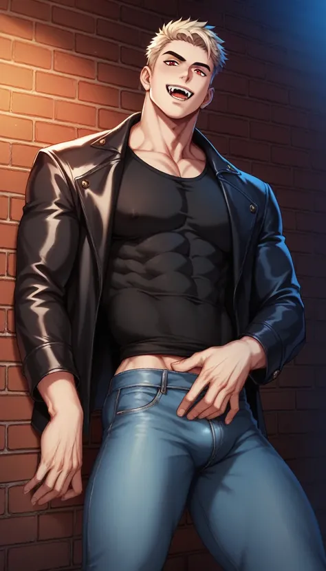 Best quality, masterpiece, intricate details, muscular male vampire, vampire teeth, extremely pale skin, red eyes, seductive look, wolfcut blond hair, tight leather jacket and denim jeans, he bites the neck of a handsome blond pizza deliveryman, leaning ag...