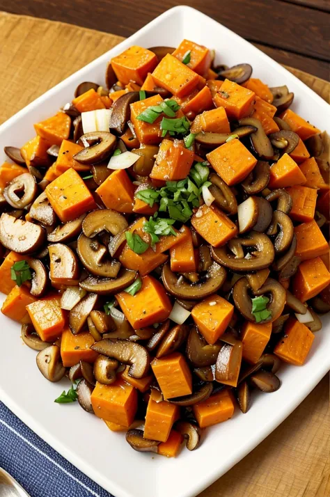 There is a large basin on a table covered with a table mat.，The basin is filled with diced onions.、Some tomatoes and some sweet potato cubes。There are sweet potatoes scattered in front of the big basin.、Tomatoes and mushrooms。