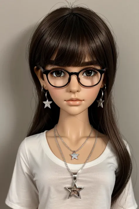 blythe doll with brown hair and bangs, glasses, White skin, a nose piercing on the left side, very light freckles, a mole on the right cheek, Brown eyes, black t-shirt, silver earrings and a necklace with a star pendant