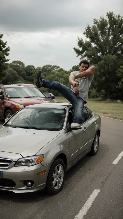 Angry man kicking raggedy car