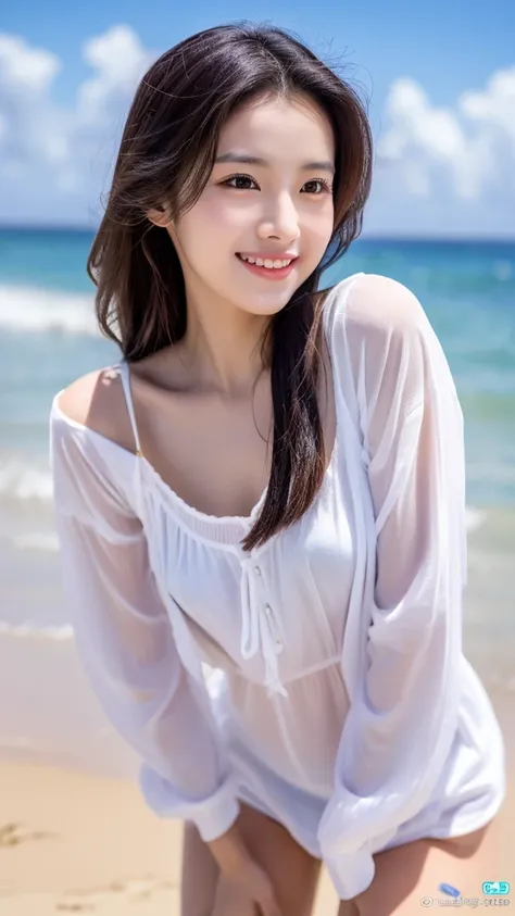 Tabletop、(Highest quality、4K、8K、High resolution、Masterpiece: 1.2)、Super detailed、(Real、Photorealistic、Photorealistic: 1.37)、Full Body Shot、Complex and beautiful eyes、woman、long hair、Natural color lip、whiteＴshirt、Bold and sexy pose、smile、Ocean、20 year old g...