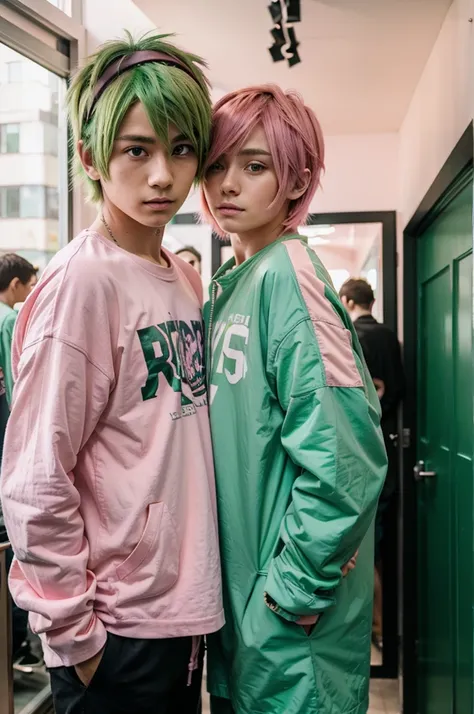 Anime boy with pink and green hair