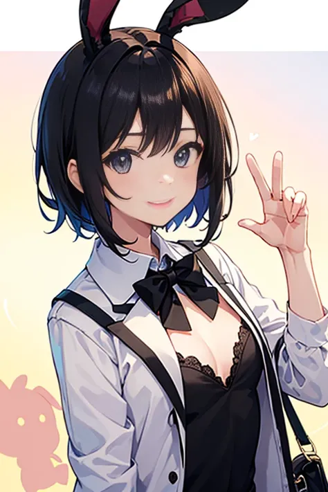 black髪、black目、short hair、Girl、cute、high school student、Bunny ears、Bunny girl（black）、smile、、Small breasts、