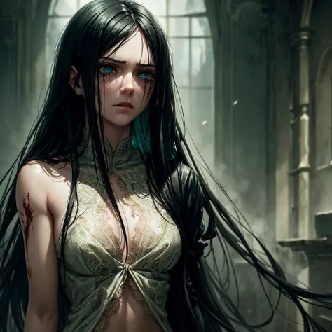 a girl with long black hair, emerald green eyes, scars all over her body, tears in her eyes, blood on her clothes, highly detailed, photorealistic, dramatic lighting, cinematic composition, moody atmosphere, dark fantasy, rich color palette, digital art