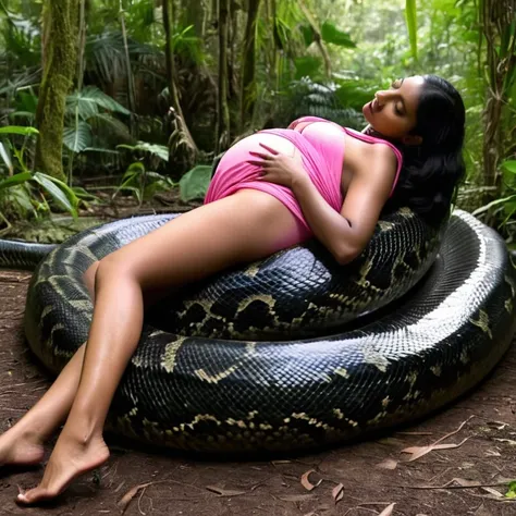 Pregnant Topless  pink thong wearing aroused horny beautiful happy  young  Indian teen girl   vs  Giant colossal black anaconda    monster wrapped around her body squeezing her in coiled embrace cuddling and kissing  sexual erotic bestiality  sex  realisti...