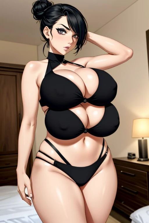 2heads, a tall chubby woman with 2 heads. She has four giant breasts. She is in a dark bedroom. She is wearing a bikini top and jean shorts. She has short black hair in a bun. 2heads, a short chubby woman with 2 heads. She has four giant breasts. She is in...