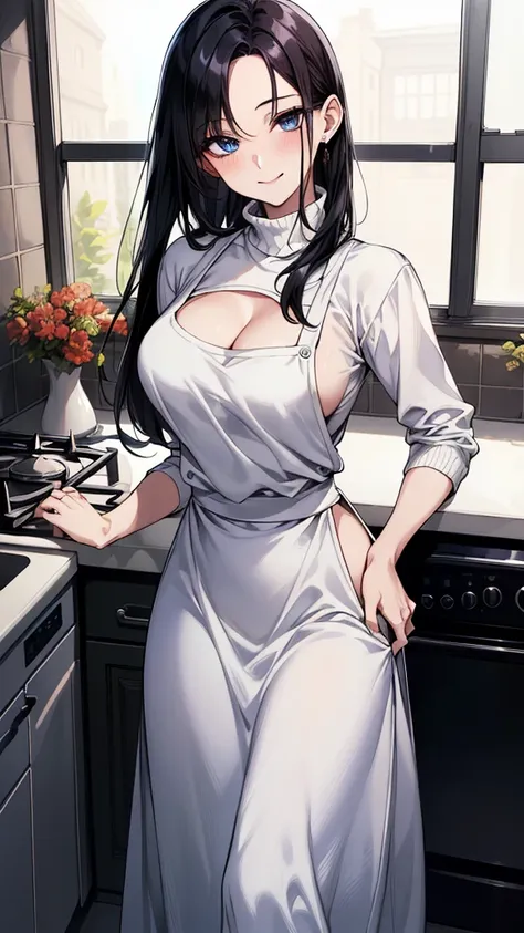 ((real))、(masterpiece、highest quality)、hot (mature woman)、Woman Standing In Kitchen、wearing a white turtleneck sweater、wide hips、Wearing a black apron、(hair combed back)、Long skirt、smile、facing the viewer、closet、stove、window、blue eyes、black shiny hair，Sexy...