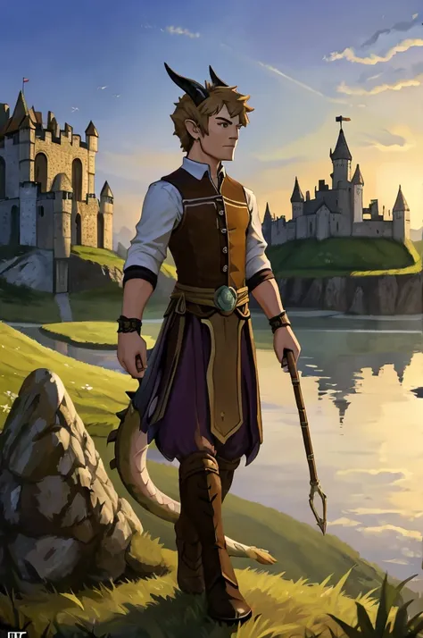 high-definition，noon，Blue sky，castle，grassland，Single player，Western dragon animal humanoid，furry，teenager，Strong body，Male image，Full body standing painting，Short hair details，Western dragon head，Multiple long dark blond straight horns，Shallow Lamb&#39;s ...