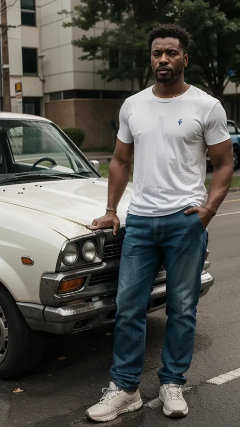 Angry man standing next to and kicking raggedy car