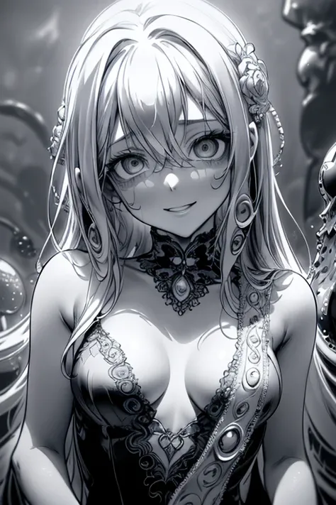 Top Quality, (Background detail), High Contrast, Super Beautiful Girl, Detailed Original Illustration, Sensual, Delicate Face, Charming, Sexy, Real Breasts, Small Breasts, Crazy Smile, Crazy Eyes, Heads Up, (White Background: 1. 5), Beautiful Line Drawing,...