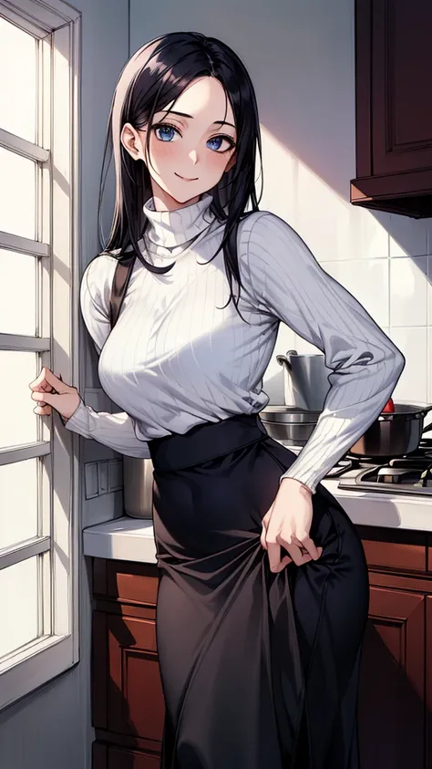 ((real))、(masterpiece、highest quality)、hot (mature woman)、Woman Standing In Kitchen、wearing a white turtleneck sweater、wide hips、Wearing a black apron、(hair combed back)、Long skirt、smile、facing the viewer、closet、stove、window、blue eyes、black shiny hair，sexl...