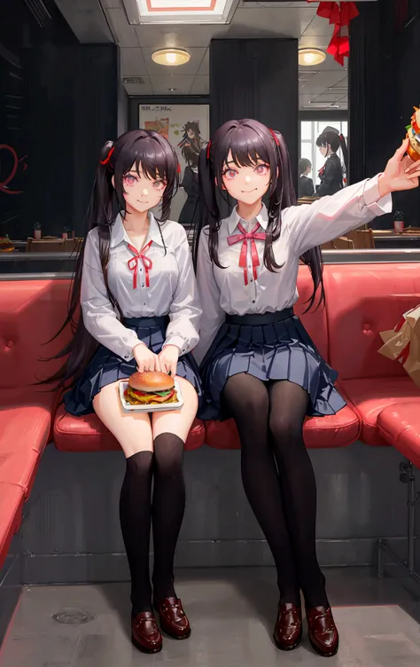 Anime Style. Three schoolgirls are sitting in a burger restaurant. The first student has a twintail hairstyle, her hair is white, she is eating a burger. The student sitting next to him (in the middle) is taking a selfie, her hair is short pink, there is a...